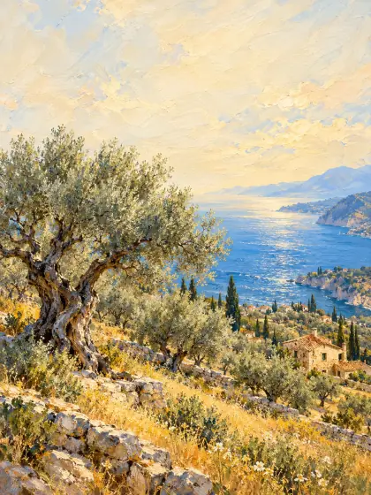 Cover painting of the Under the Olive Trees theme