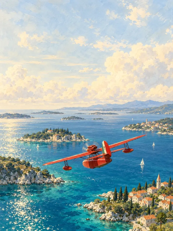 A red seaplane flying over islands in the Adriatic Sea